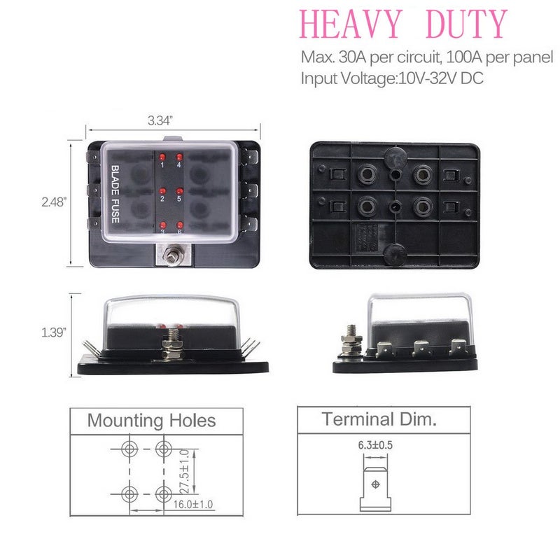Jtron 6-Way RV Fuse Block Blade Fuse Box DC12~32V 12V Junction Box Jtron LED Indicator Fuse Block for Blown Fuse Protection Cover 100 Amps for Automotive Car Boat Marine Trike - Image 5